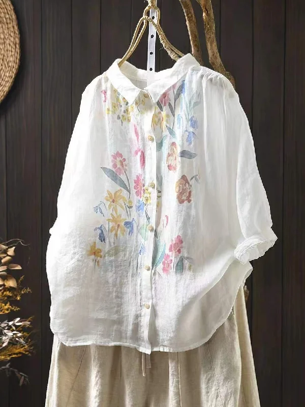 Women Artsy Summer Flower Print Ramie Blouse KL1041 Women's unclassified dresses