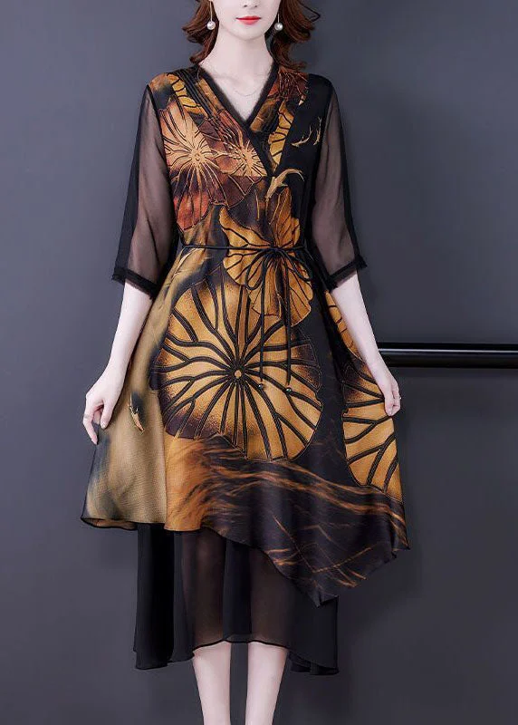 Women Black Asymmetrical Patchwork Print Silk Dress Summer TH1015 Silk unclassified dresses