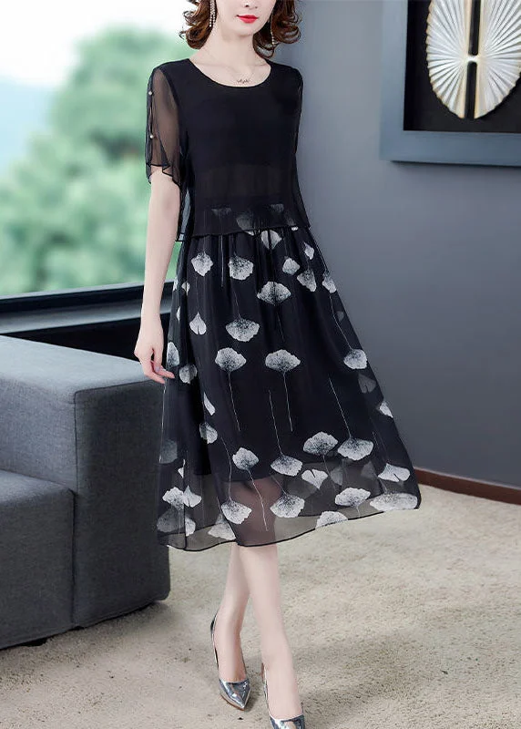 Women Black Hollow Out Patchwork Silk Fake Two Piece Dress Summer TH1013 Satin unclassified dresses