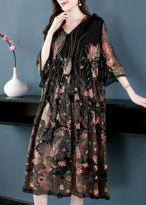 Women Black Hooded Embroideried Silk A Line Dress Summer LY0693 Gothic unclassified dresses