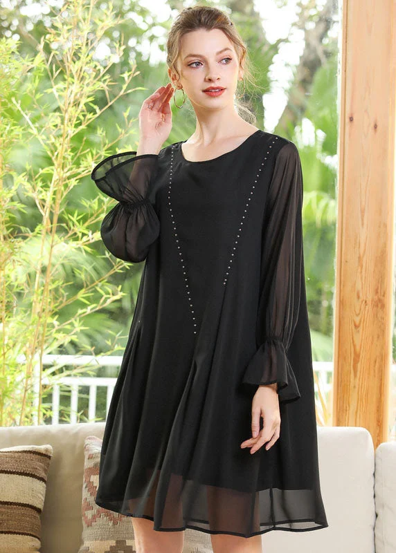 Women Black O-Neck Chiffon A Line Dress Lantern Sleeve LY0255 Velvet unclassified dresses