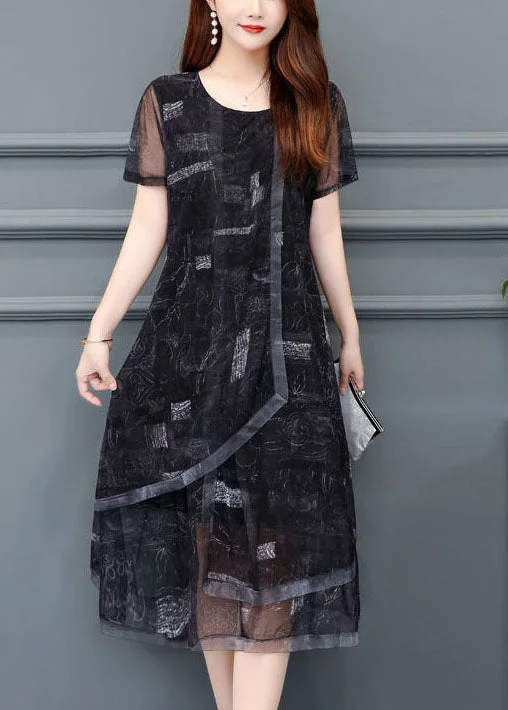 Women Black O-Neck Print Chiffon Holiday Dress Summer LC0069 Office unclassified dresses