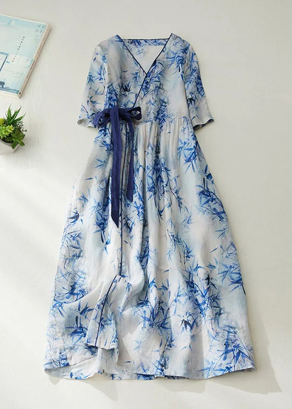 Women Blue V Neck Tie Waist Print Linen Cinched Dress Summer LY0914 Velvet unclassified dresses