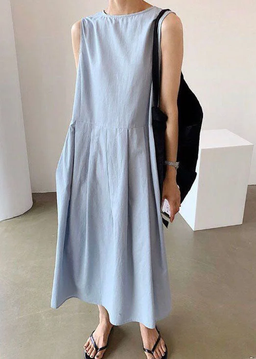 Women Blue Wrinkled Button Patchwork Wear On Both Sides Cotton Dresses Sleeveless LC0453 Cotton unclassified dresses