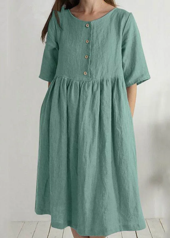 Women Green O Neck Pockets Wrinkled Patchwork Linen Dress Summer LC0464 Color block unclassified dresses