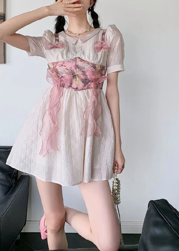 Women Grey Pink Bow Patchwork Print Silk Day Dress Summer LY0786 Designer unclassified dresses