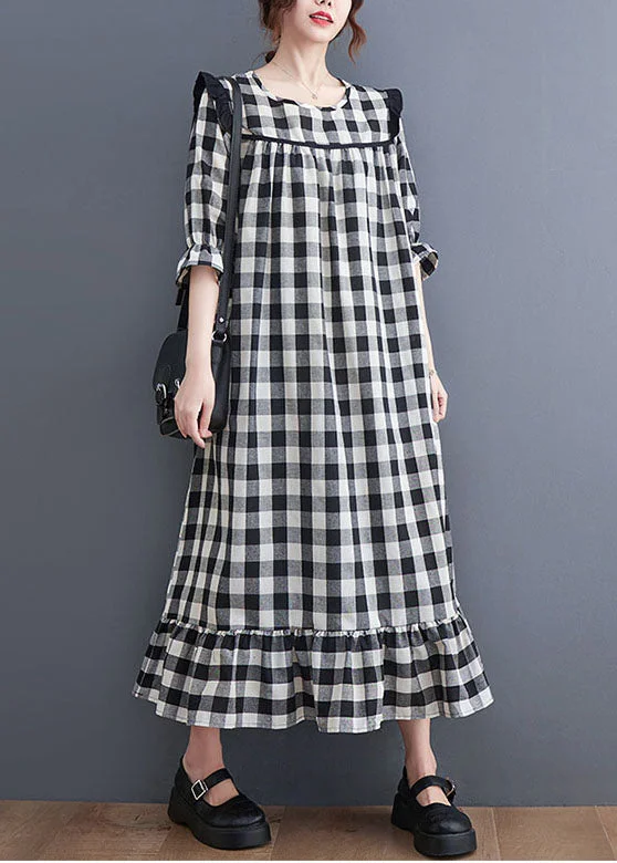 Women Grey Plaid Ruffled Patchwork Ruffles Cotton Dresses Summer LY0653 Breathable unclassified dresses