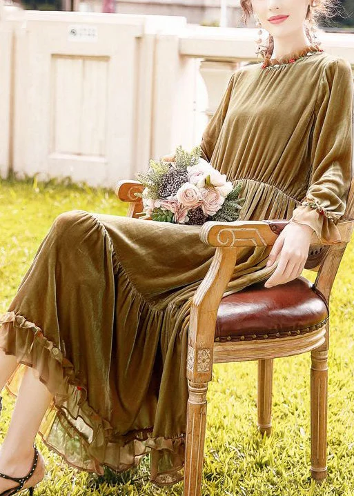 Women Khaki Ruffled Patchwork Exra Large Hem Silk Velour Dresses AC3053 Floral unclassified dresses