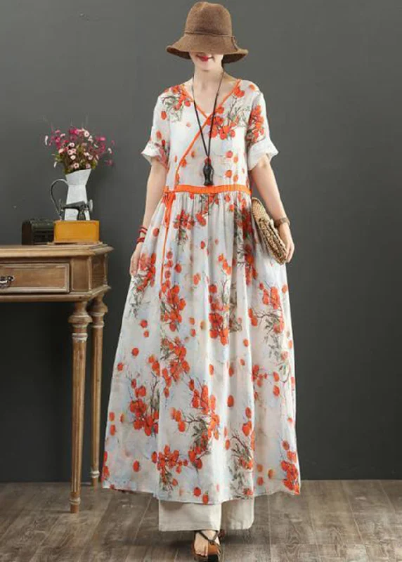 Women Orange Print Tie Waist Exra Large Hem Cotton Dresses Summer LY0898 One-shoulder unclassified dresses