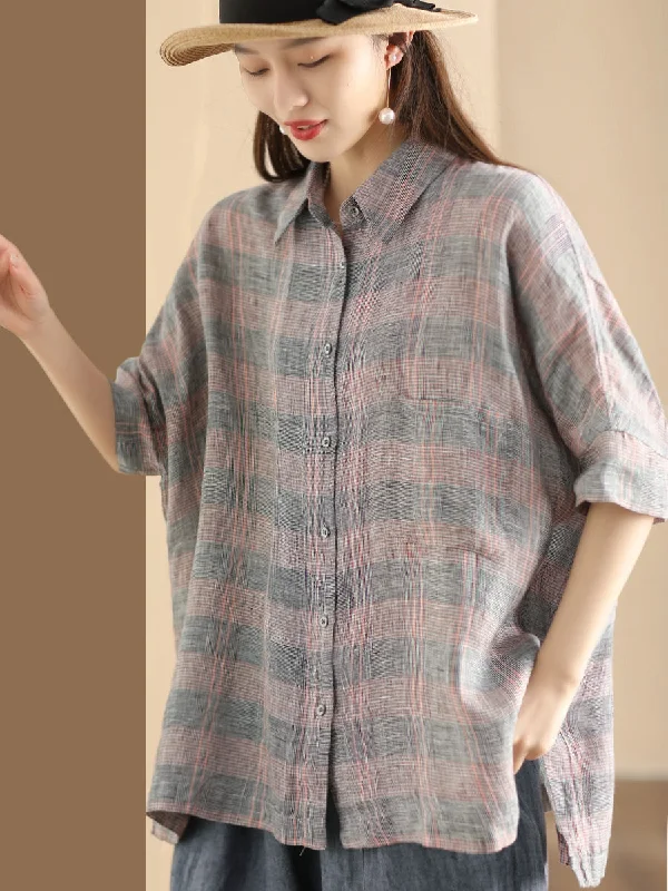 Women Retro Summer Plaid Linen Button-Up Blouse CO1006 Long unclassified dresses