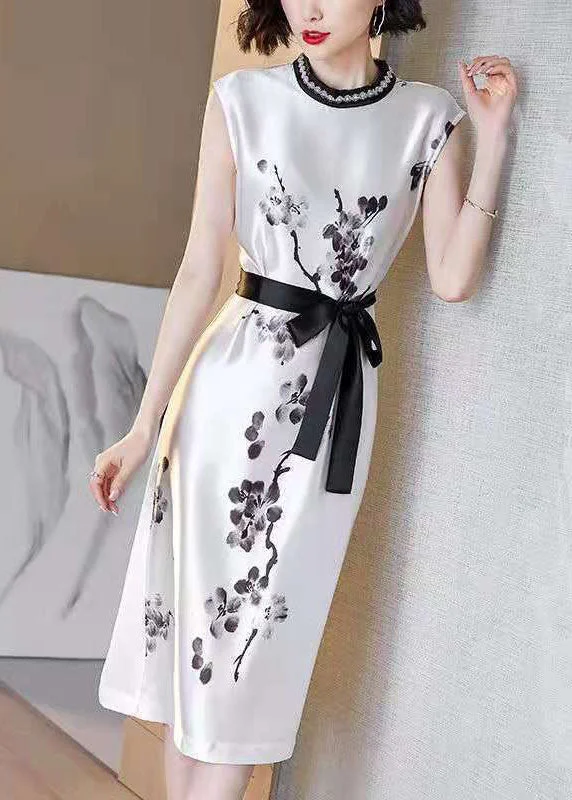 Women White Cinched Ink Print Silk Dresses Sleeveless LC0074 Travel unclassified dresses