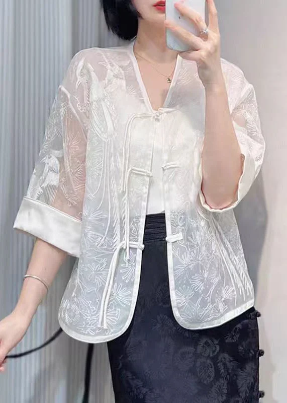 Women White Embroidered Button Silk Blouse Summer QA1040 Holiday unclassified dresses