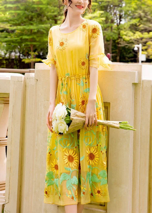 Women Yellow Daisy Embroideried Tie Waist Silk Vacation Dresses Flare Sleeve LY1002 Party unclassified dresses