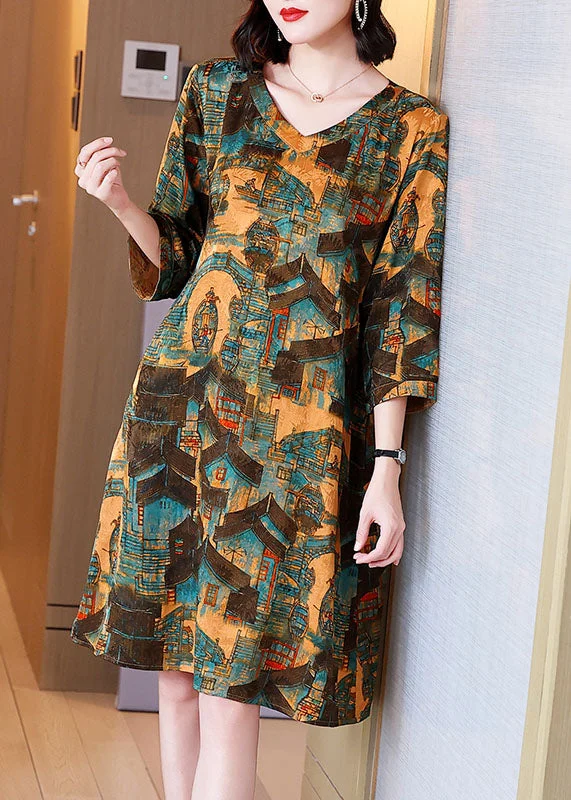 Women Yellow V Neck Print Patchwork Cotton Dresses Summer TF1009 Knitted unclassified dresses