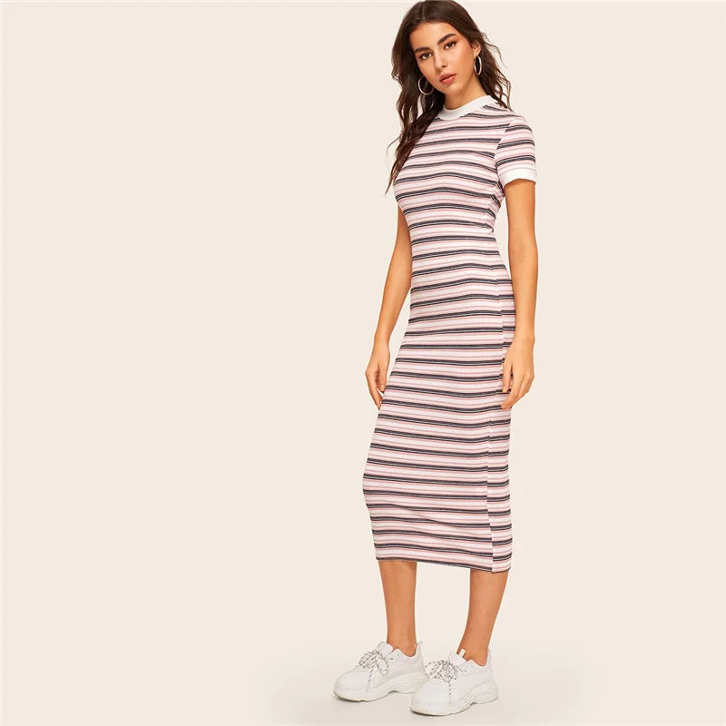 Women's Summer Sheath Stretchy O-Neck Striped Dress Travel unclassified dresses